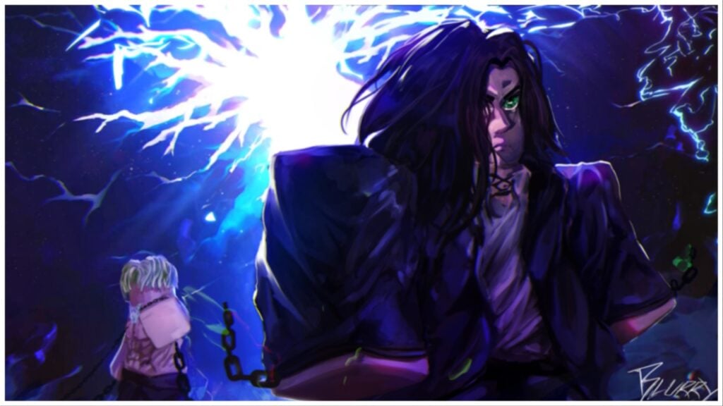 The image shows a blocky roblox body iof Eren with long hair and a dark cloak. Behind him is a surge of electricity that fires off in bright white and blue. There is a another character with blonde hair in the background with a chain wrapped around his arm which is snapped, the other part of the chain was attatched to Eren