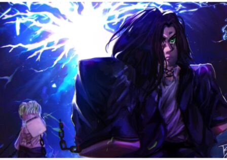 The image shows a blocky roblox body iof Eren with long hair and a dark cloak. Behind him is a surge of electricity that fires off in bright white and blue. There is a another character with blonde hair in the background with a chain wrapped around his arm which is snapped, the other part of the chain was attatched to Eren
