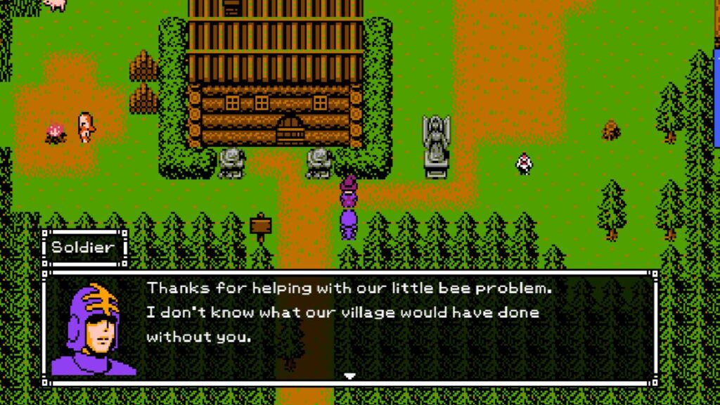 Feature image for our Beast Slayer news piece. It shows an-in game screen of a village. The player is engaged in dialogue with a guard, who is thanking then for handling a bee problem.