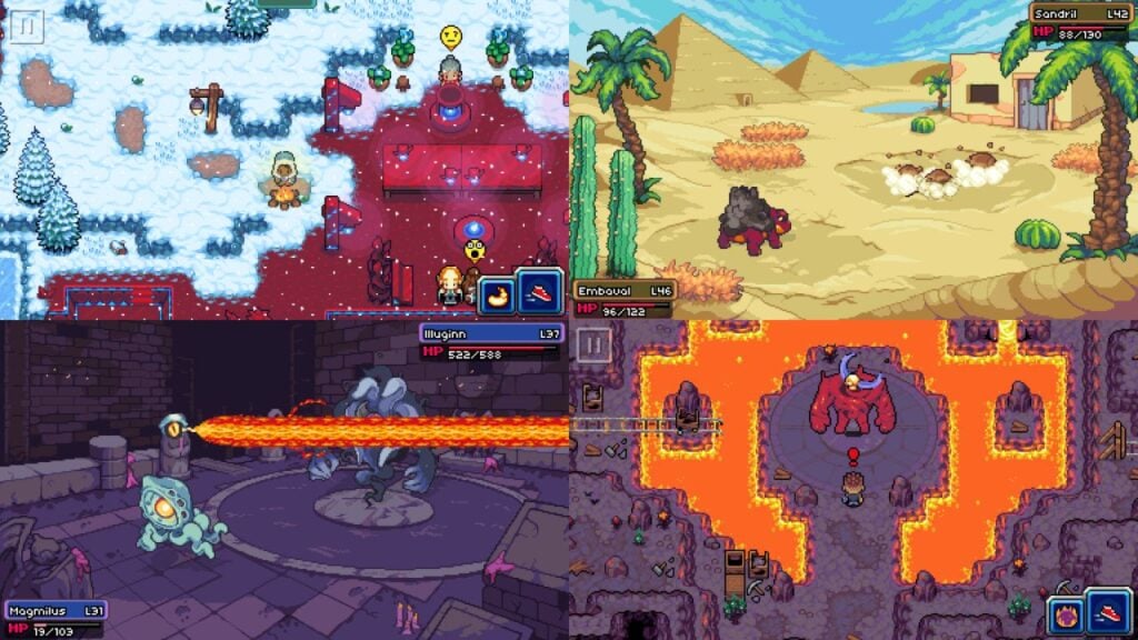 Feature image for our best new Android games this week. It shows four screenshots from Coromon, in different environments, including desert, snow, and lava field.