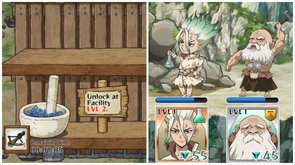 feature image for our dr. stone battle craft news, the image features two screenshots from the game, the image on the left is of the crafting screen with a pestal and mortal on a wooden shelf, on the right is a screenshot of the battle screen with senku and an old man celebrating victory as the old man lifts his hammer into the air and senku holds on to a science beaker