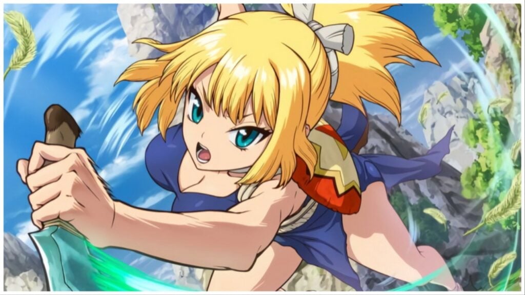 the illustration shows a blonde girl in a short blue dress lunging towards the viewer holding a knife. Her hair is tied up by a chunky piece of string and she has her mouth slightly open as if to imply a battle scream as she attacks.