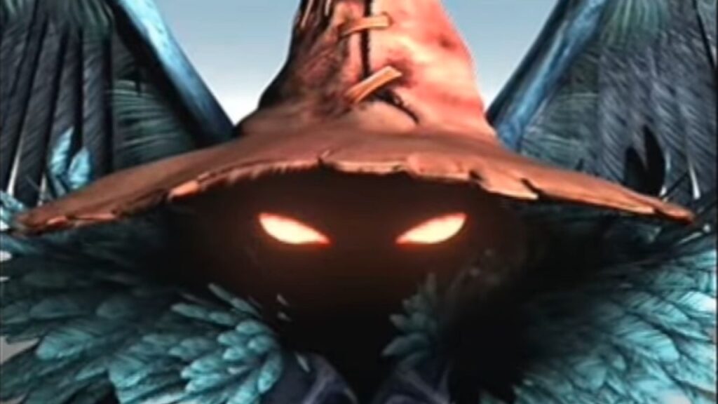 Feature image for our Ever Crisis FF9 news piece. It shows an FMV cutscene from Final Fantasy 9 showing the face of a Black Waltz, with glowing eyes under a hat.
