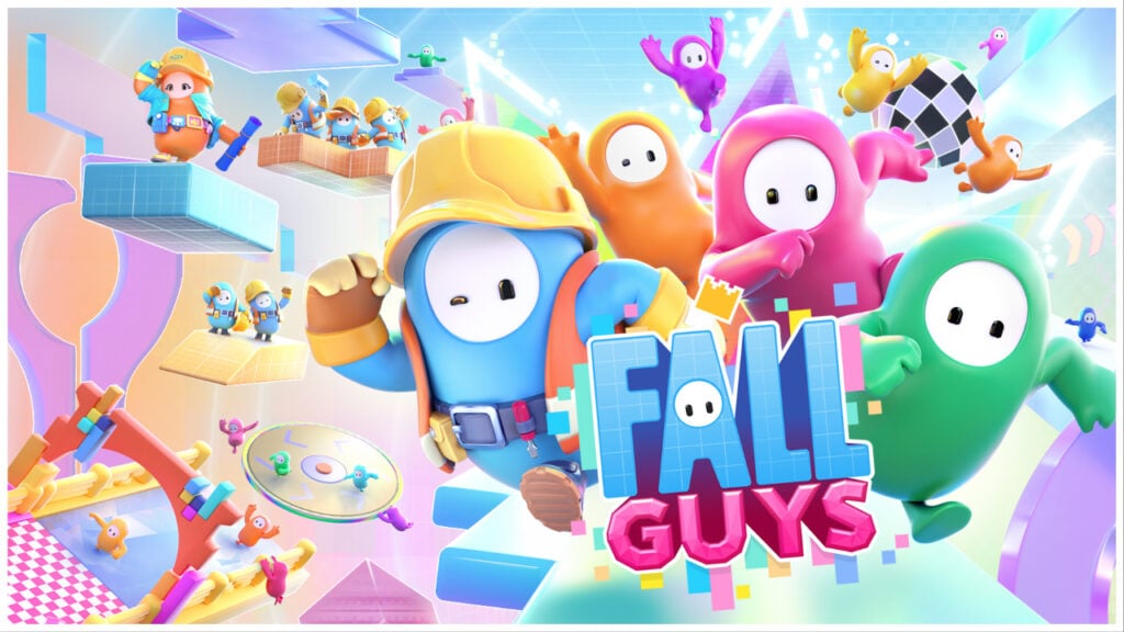 feature image for our fall guys mobile news, the image features a promo image for the game with the bean characters from the game sprinting forward on a platform, while other beans stand on platforms around them with hard hats and tools as they fix the platforms, there are some bean characters jumping into the air, and other making their way toward the finish line with some beans falling off of a rotating platform behind them