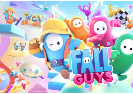 feature image for our fall guys mobile news, the image features a promo image for the game with the bean characters from the game sprinting forward on a platform, while other beans stand on platforms around them with hard hats and tools as they fix the platforms, there are some bean characters jumping into the air, and other making their way toward the finish line with some beans falling off of a rotating platform behind them