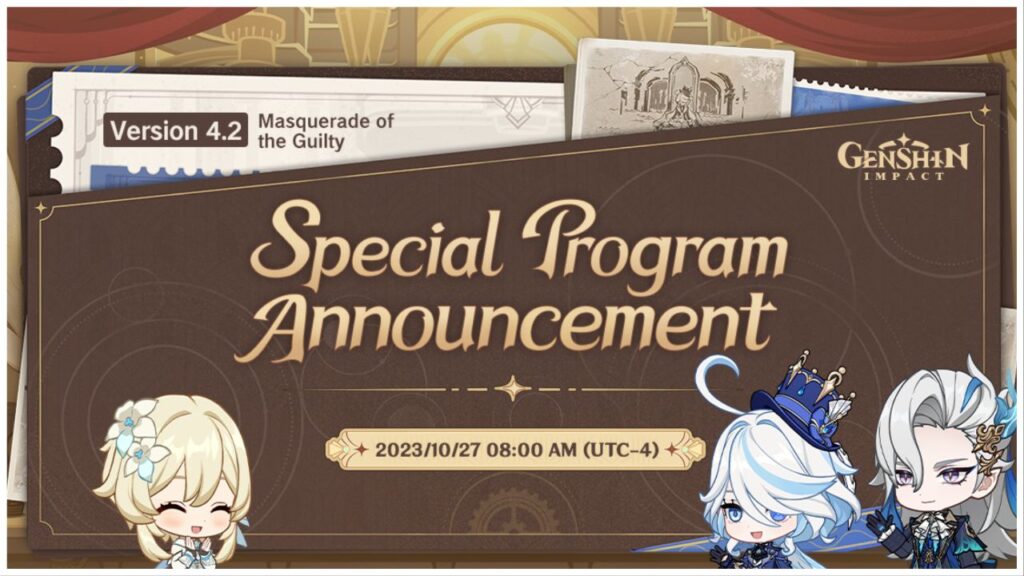 feature image for our genshin impact 4.2 livestream news, the image featurs promo art for the stream with the 4.2 version name "masquerade of the guilty" as well as the date and time of the stream on what looks like a case file, there are also chibi drawings of lumine, furina and neuvillette as lumine smiles and neuvillette waves