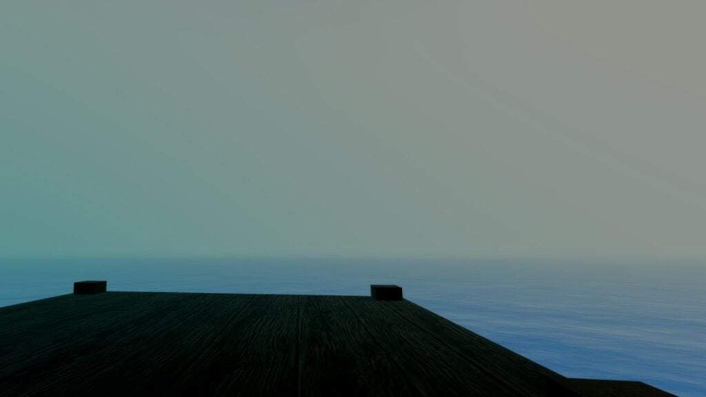 Feature image for our GPO Impel Down location guide. It shows an in-game view of a dock, looking out to a foggy sea.