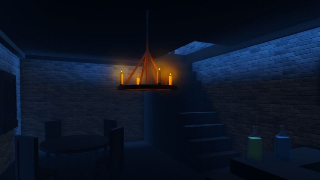 Feature image for our GPO Vampire race guide. It shows a dark room in-game with a candle chandelier hanging in the gloom.