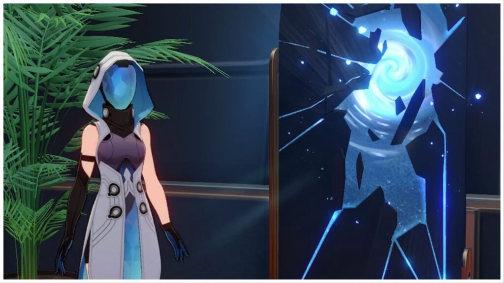 feature image for our honkai star rail 1.6 update news, the image features a screenshot from the game of the forgotten hall mirror that is smashed as a swirling portal spins in the middle beyond the shattered glass, the Messenger is stood to the side as she wears a mask by a plant