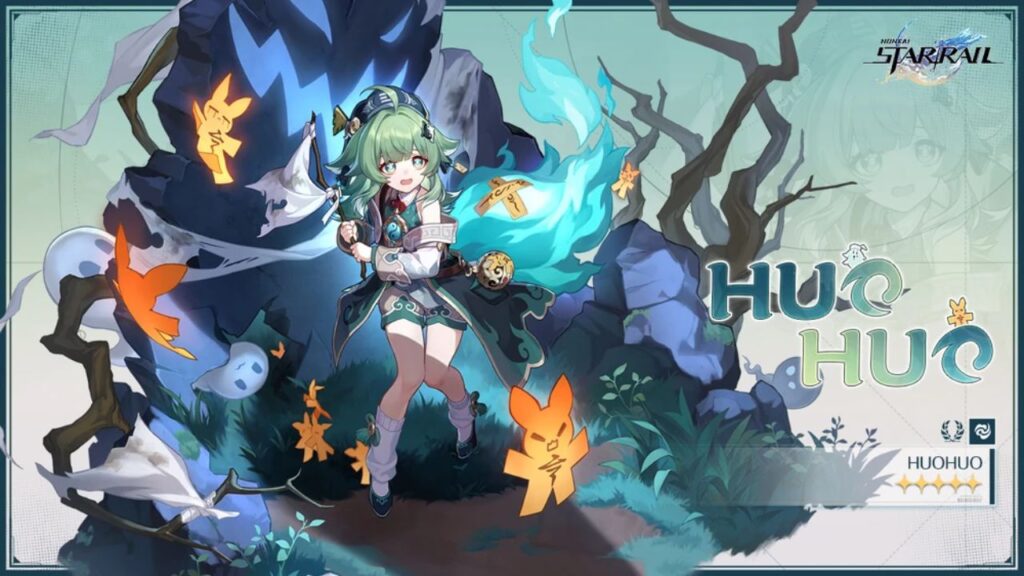 Feature image for our Honkai Star Rail HuoHuo tier list. It shows promotional art of the character, a young woman with green hair and a flaming tail, looking scared and waving a piece of white fabric tied to a stick.