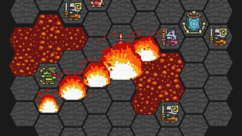 Imagine in our best Android roguelikes. It shows a screenshot of Hoplite with characters on a lava field.