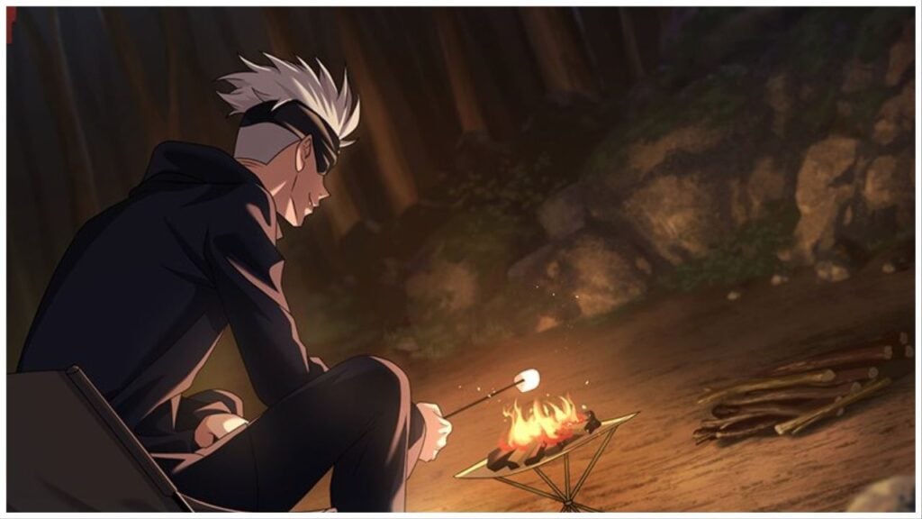 feature image for our jujutsu kaisen phantom parade's revenue news, the image features promo art of gojo from jujutsu kaisen sat on a camping chair as he smiles while roasting a marshmallow over a small fire, surrounded by the forest