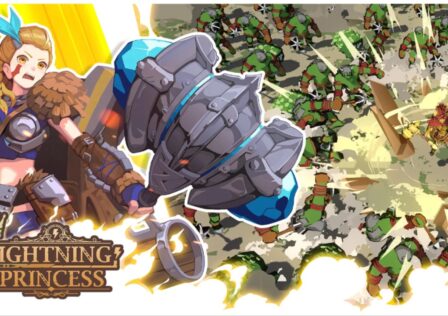 The main image for our Lightning princess codes guide. The image shows a barbarian like woman with a giant stone like hammer with blue gems on either side. In the background is a small snipped of the in game battles