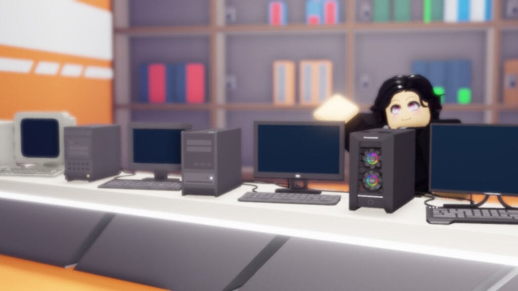 A Roblox character working on a computer in Online Business Simulator 3.