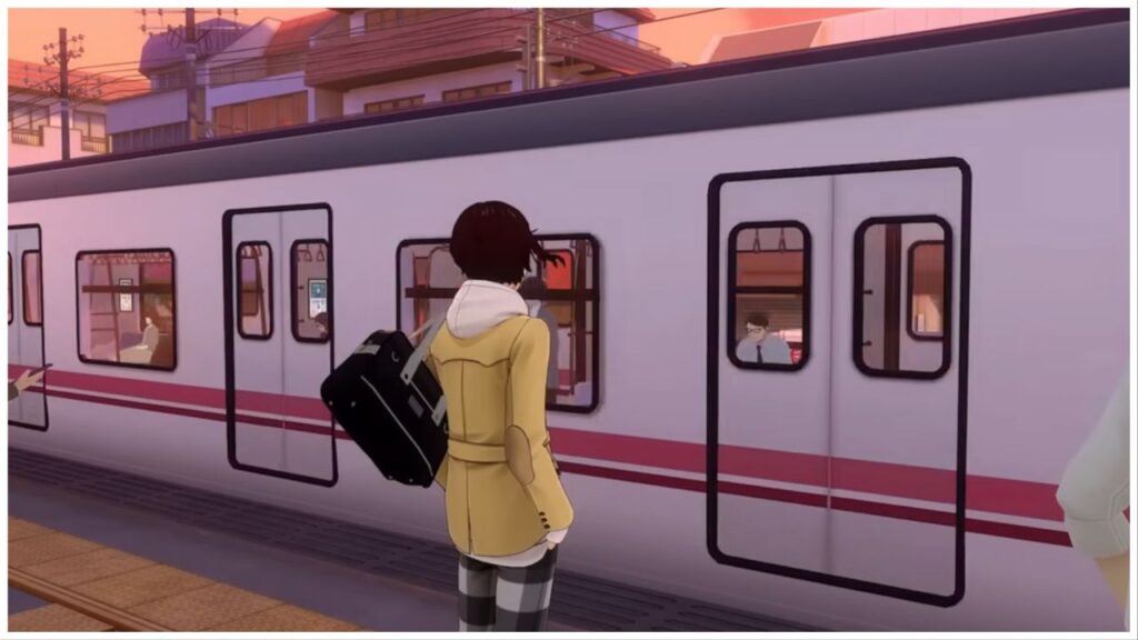 feature image for our persona 5 x release news, the image features a screenshot from the game's trailer, of the main character standing on a train platform as a train drives past, causing his hair to flow in the wind as he holds his school bag over his shoulder