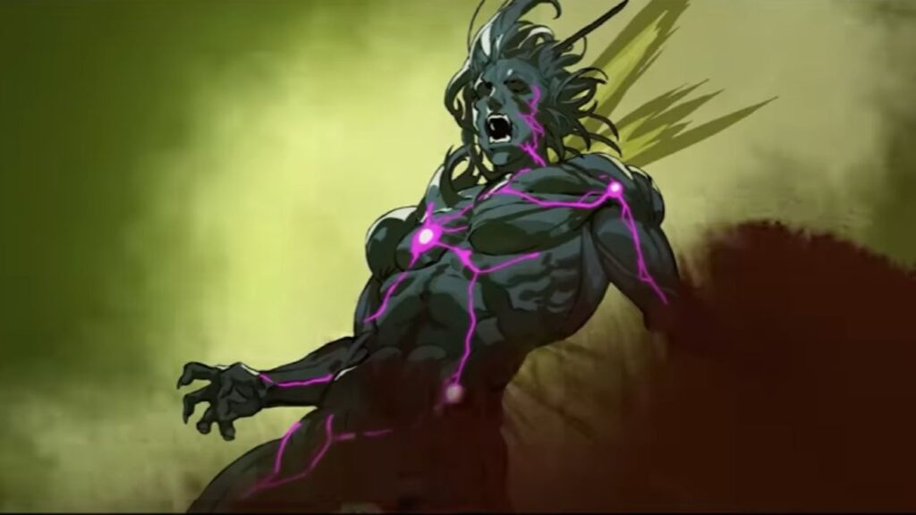 Feature image for our Phantom Blade Executioners codes guide. It shows a screen from a trailer with a seemingly-mutated human with greenish skin, sharp teeth, and glowing tracks of purple energy over their body.