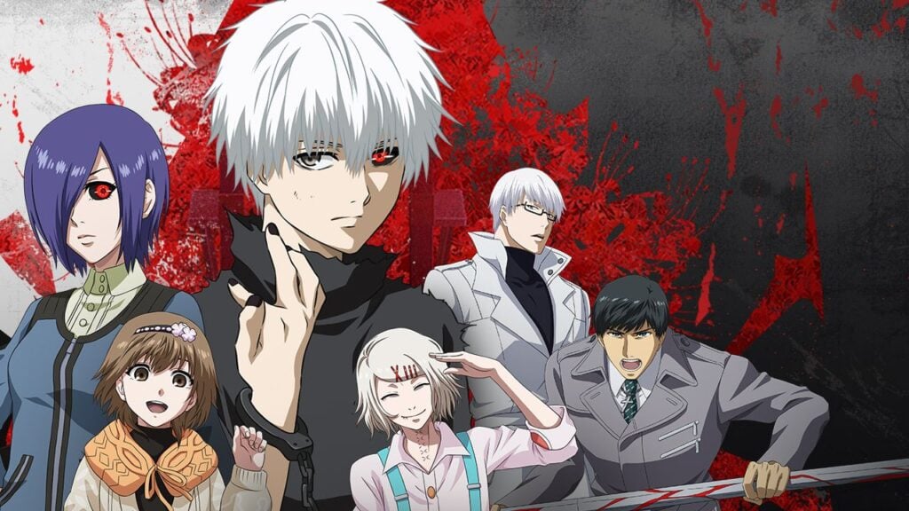 Feature image for our Tokyo Ghoul: Break The Chains codes guide. It shows promotional art for the game with several characters against a red-splattered background.