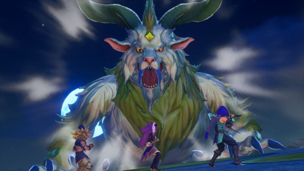 Feature image for our best Android ARPGs. It shows a screen from Trials Of Mana, with the characters facing a huge goat-like monster which is roaring.