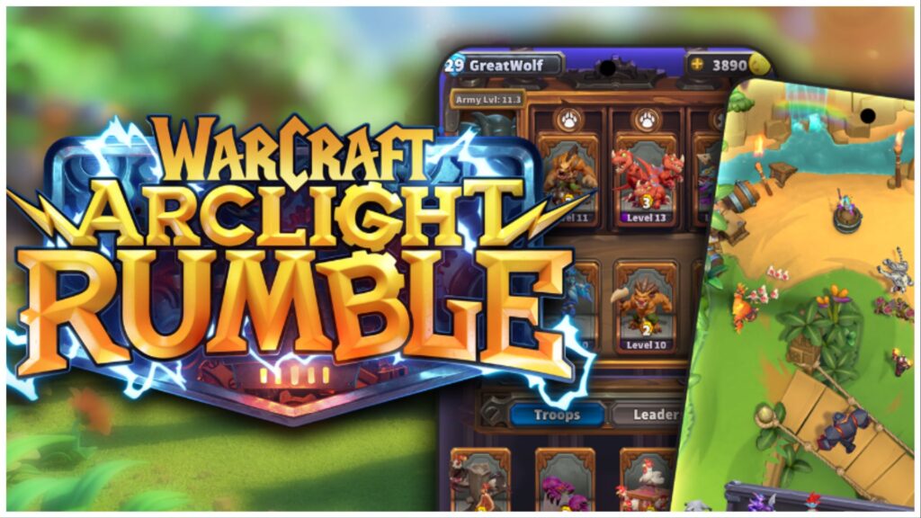 the image shows a mobile phone with the game launched displaying a bunch of characters from warcraft rumble. The game logo is to the left and forefront of the image in bold yellow