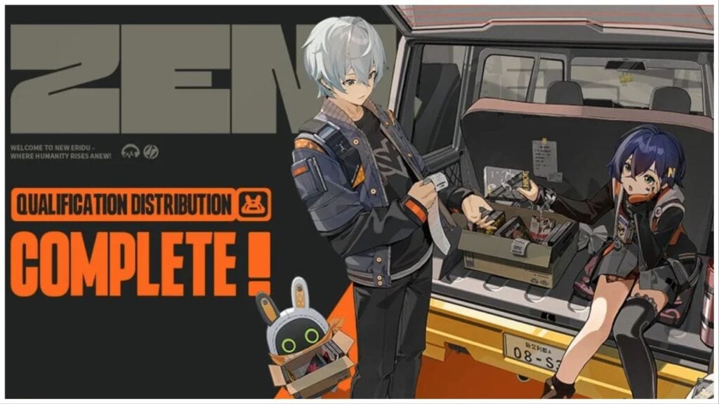 feature image for our zenless zone zero beta news, the image features promo art of two characters, with one sitting in the boot of a car as she holds a book that was taken out of a cardboard box, and the other reading a receipt