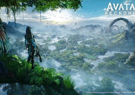 Featured Image for our news on Avatar: Reckoning, the RPG. It shows a Na'vi human standing under a tree and watching a far-away view of Pandora.