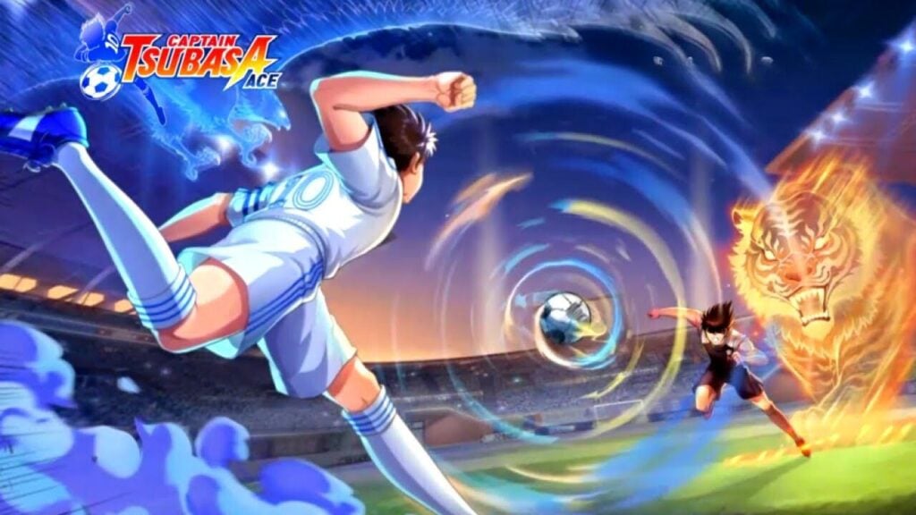 Featured Image for our news on Captain Tsubasa Ace. It features Tsubasa kicking a football and an opponent player. There is also an image of a tiger roaring in the background.