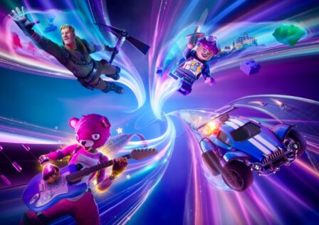 Featured Image for Fortnite Chapter 5. It features four characters in different skins, a LEGO character, a racing car, a music-playing bear and an original character.