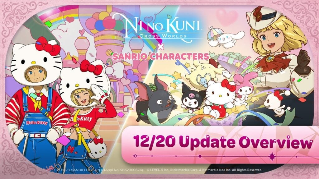 the feature image of Ni no Kuni: Cross Worlds and Sanrio news has characters from the game nino kuni dressed in hello kitty and kuromi costumes.