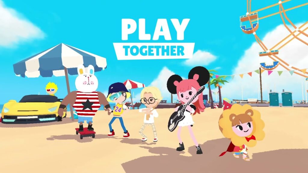 Featured Image for our news on Play Together. It features different characters from the game in a sunny beach setting with a blue sky.