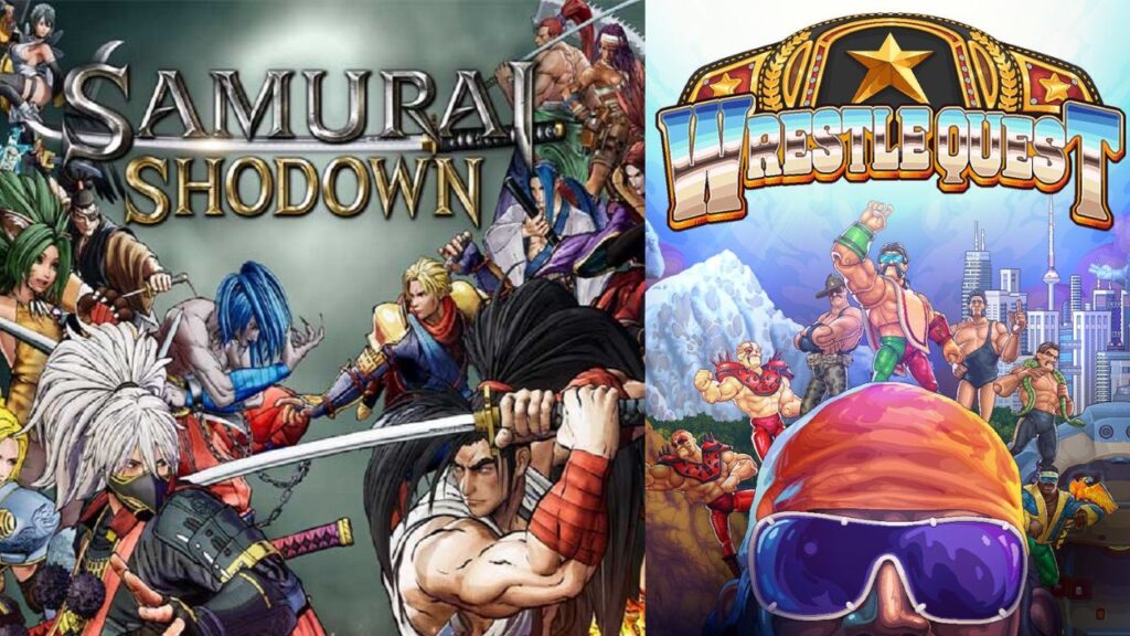 Featured Image for our news on Samurai Shodown and WrestleQuest. It features Samurai Shodown on the left and WrestleQuest on the right.