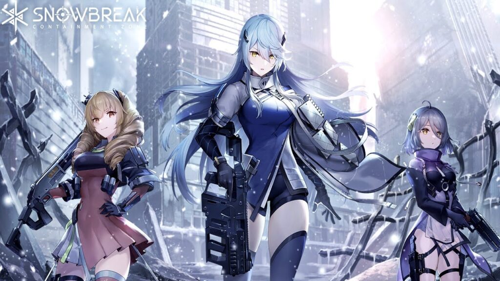 Featured Image for our news on Snowbreak Containment Zone Perilous Snowpath. It features three characters from the game against an icy dystopian background.