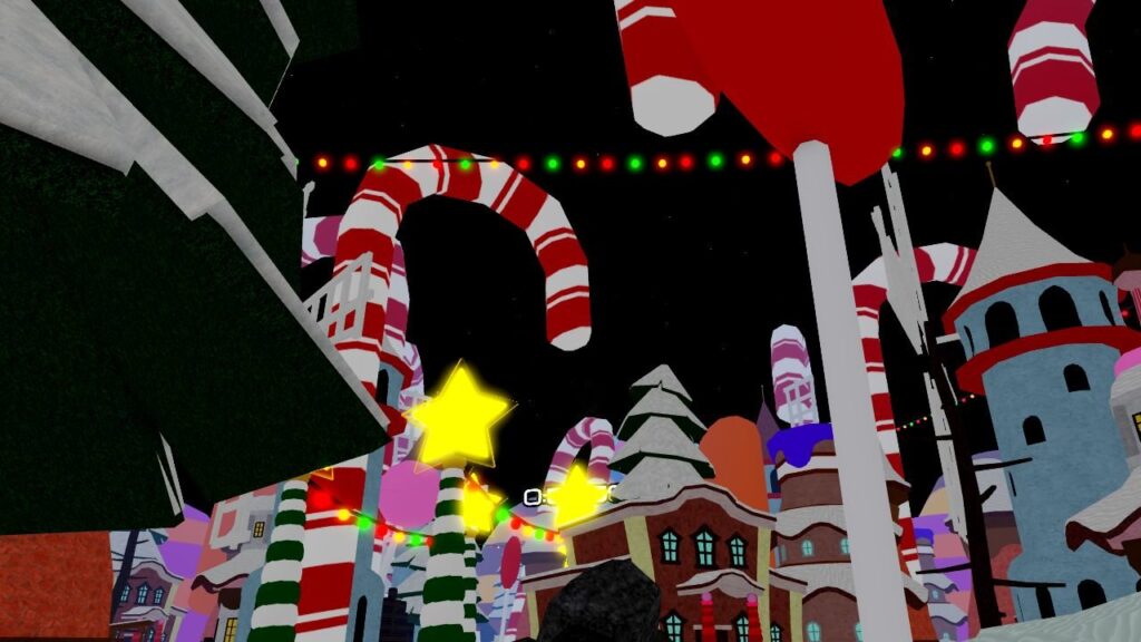 Feature image for our guide on Where Is The Christmas Island In Blox Fruits. It shows the Christmas island scenery, with giant candy canes against the dark sky.