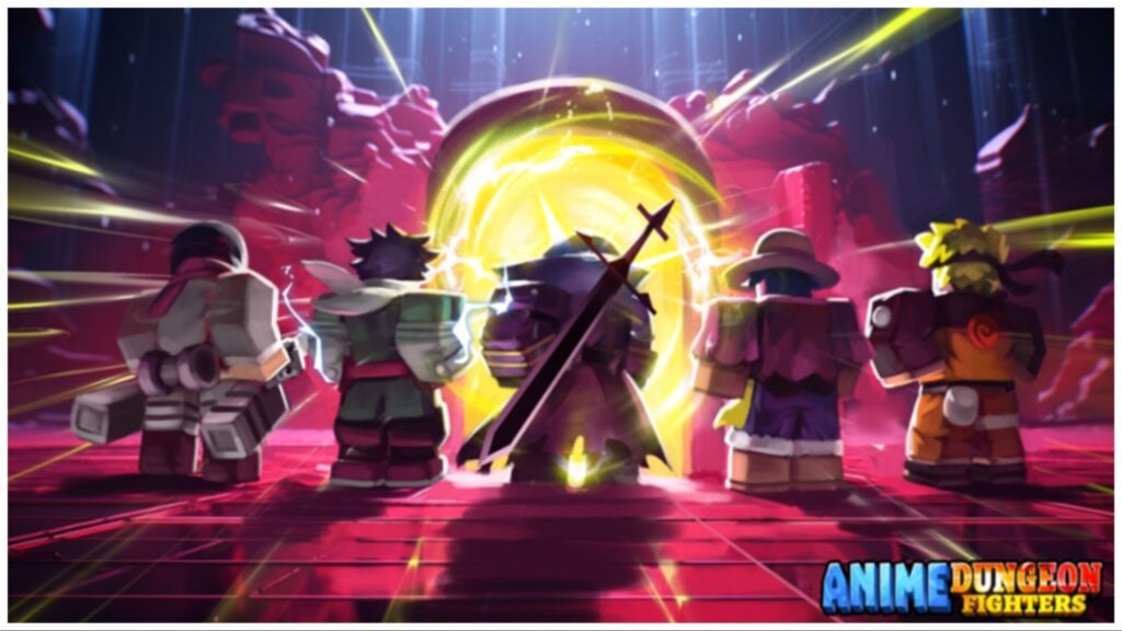 the image shows a bunch of important characters from different anime franchises with their backs to the viewer headed into a portal. The characters are drawn in the blocky roblox body style and from left to right is Eren, Deku, Kirito, Luffy and Naruto