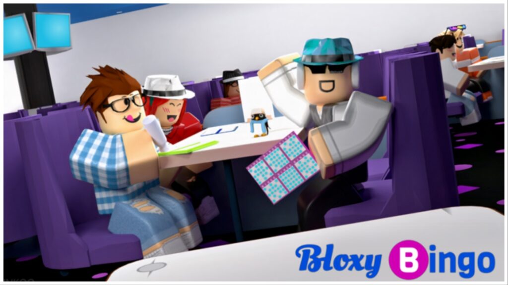 the image shows two roblox players playing bingo and one in a hat is smiling at the viewer with his hand raised most likely to call bingo