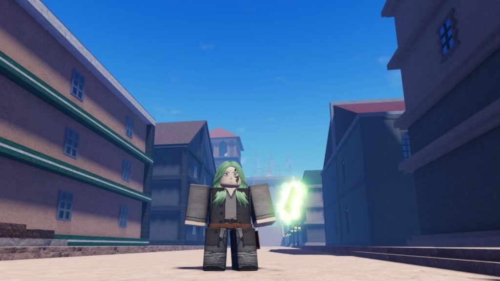 Feature image for our Clover Retribution trait tier list. It shows a player character with green hair and a green grimoire stood in the capital streets.