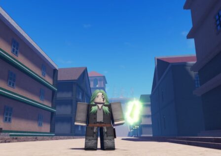 Feature image for our Clover Retribution trait tier list. It shows a player character with green hair and a green grimoire stood in the capital streets.