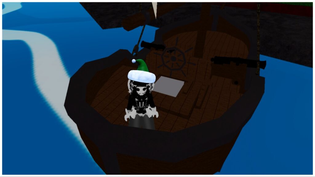 the image shows my avatar who is pale with a maid outfit stood on a small wooden boat docked to an island. She is wearing a green eld hat (though its just a png since i dont actually have the hat)