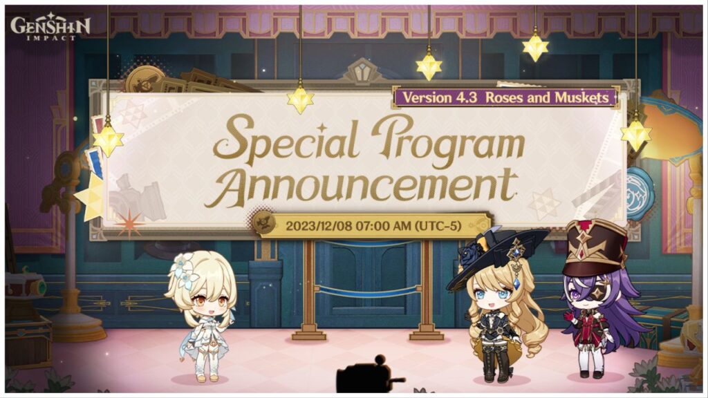 feature image for our genshin impact 4.3 livestream news, the image features promo art for the livestream of a chibi version of lumine standing across the way from a chibi version of navia and Chevreuse as they stand in front of a large wooden door with a banner across the image that details the start time and date of the live stream and "special program announcement, 4.3 roses and muskets" written on it