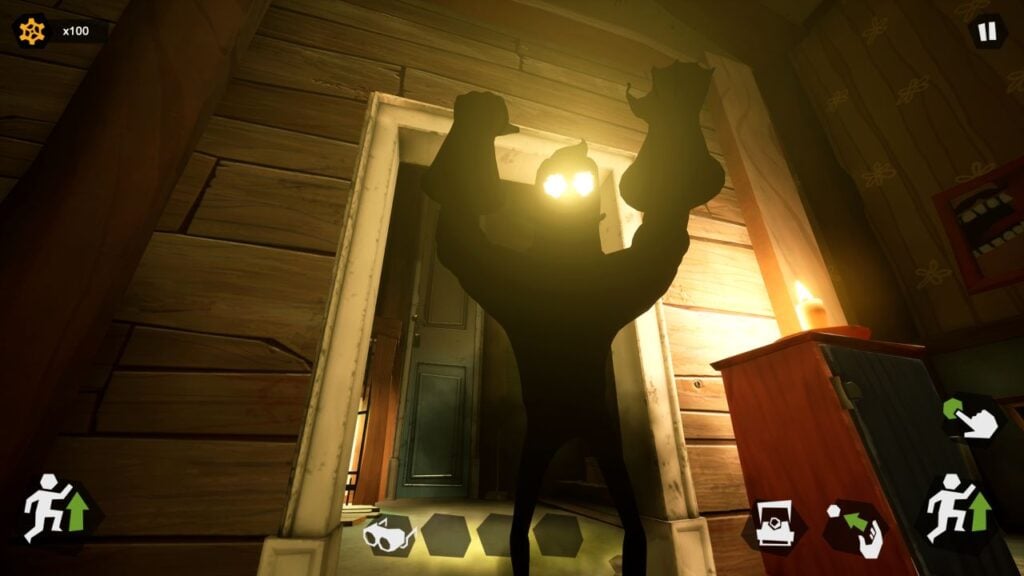 Feature image for our Hello Neighbor Nicky's Diaries news piece. It shows a shadowy figure resembling Mr Peterson, but completely dark, with glowing yellow eyes.
