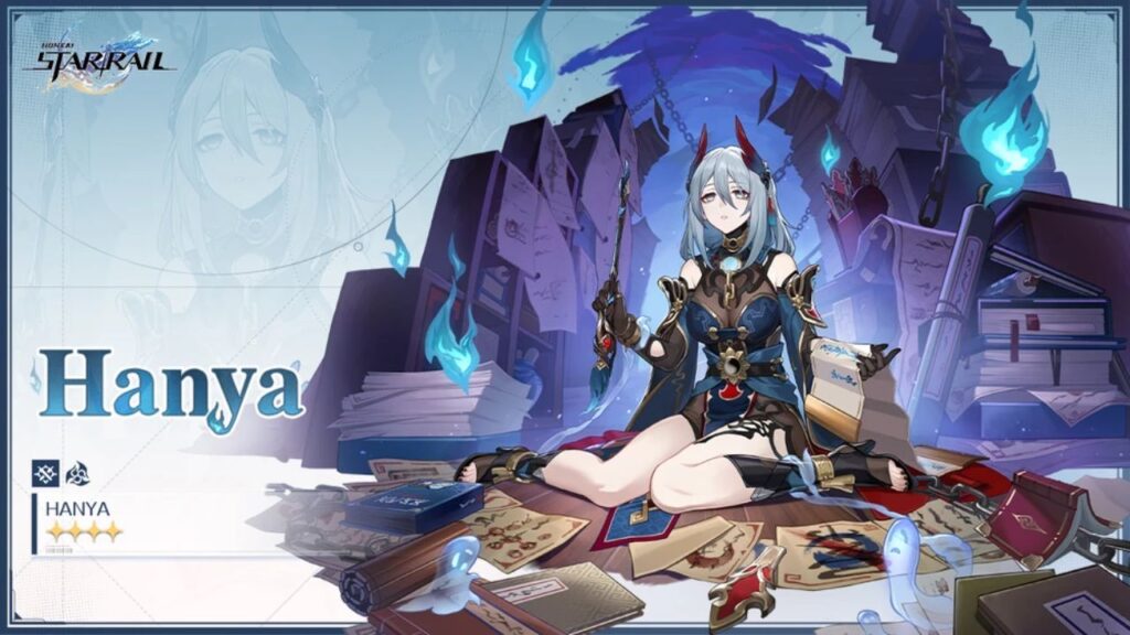 Feature image for our Honkai Star Rail Hanya tier list. It shows promotional art of Hanya, a silver-haired woman with a dark red headdress, surrounded by blue flames.