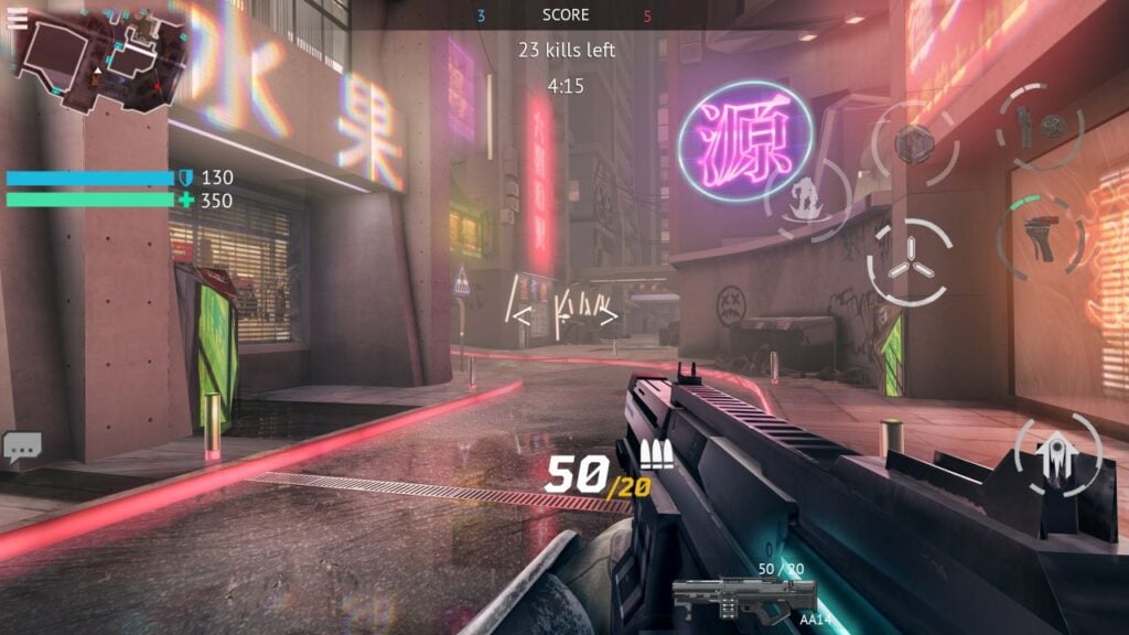 Feature image for our best Android shooters. It shows a screenshot from Infinity Ops with a first-person view of a character in a grungy alley with neon signs.