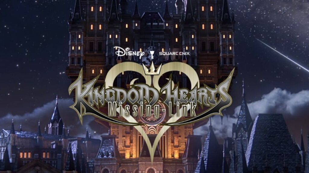 Feature image for our Kingdom Hearts: Missing Link news piece. It shows the games logo over a towering palace.
