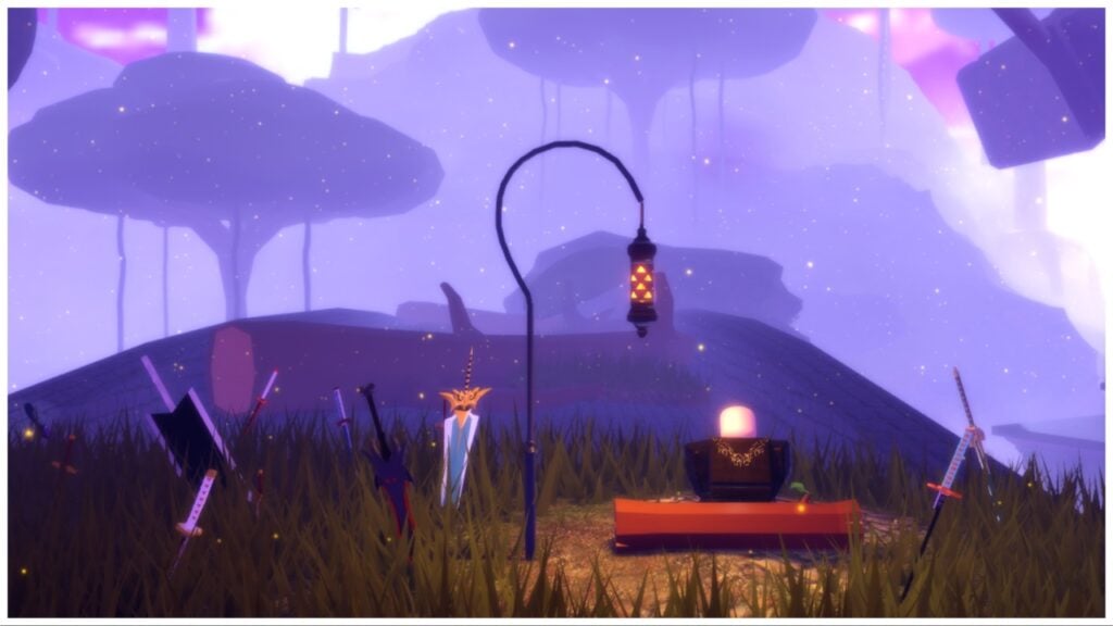 the image shows a player sat on a log with a lot of weapons stood in the grass. The sky is a nice calming purple and foggy