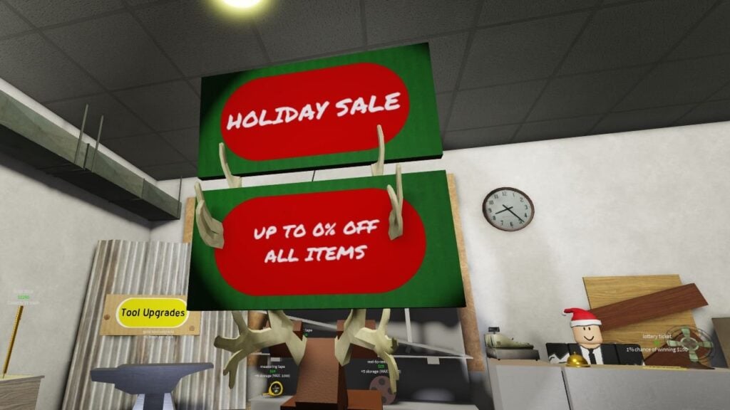 Feature image for our Live In A Back Alley Simulator codes guide. It shows an in-game screen showing the inside of the dollar store with a reindeer sign offering 0% off in the holiday sale.