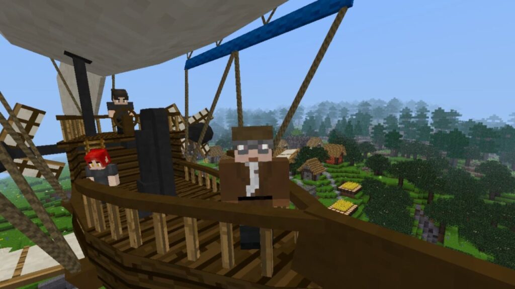 Feature image for our Minetest update news piece. It shows a screenshot from Minetest, with several characters on an airship over a green landscape with a leafy forest.
