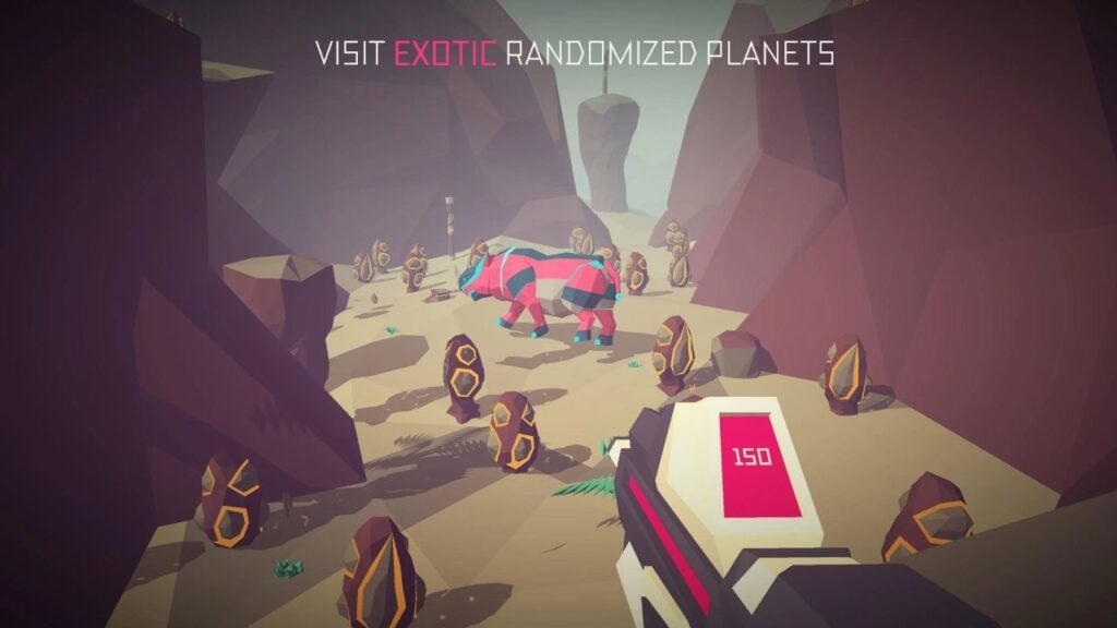 Image for our best Android shooters feature. It shows an screen form Morphite with the player facing a purple herbivore creature.