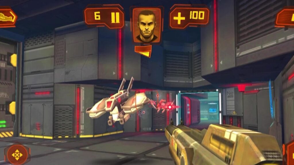 Image for our best Android shooters feature. A screenshot from Neo Shadow with the player character targeting a flying robot.