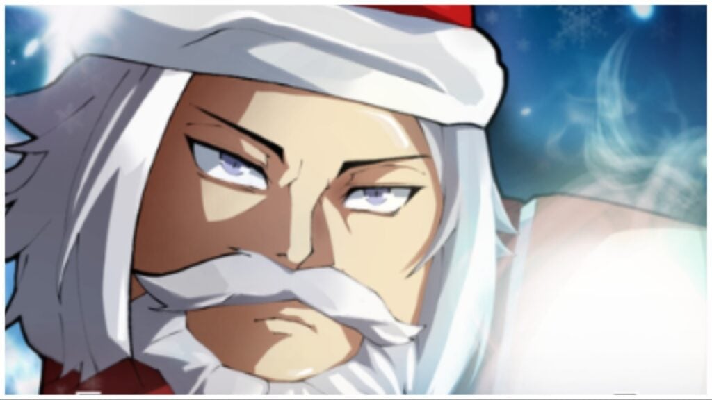 the image shows an anime roblox esque santa with his white beard and hat. The headshot of the character is looking sternly at the viewer