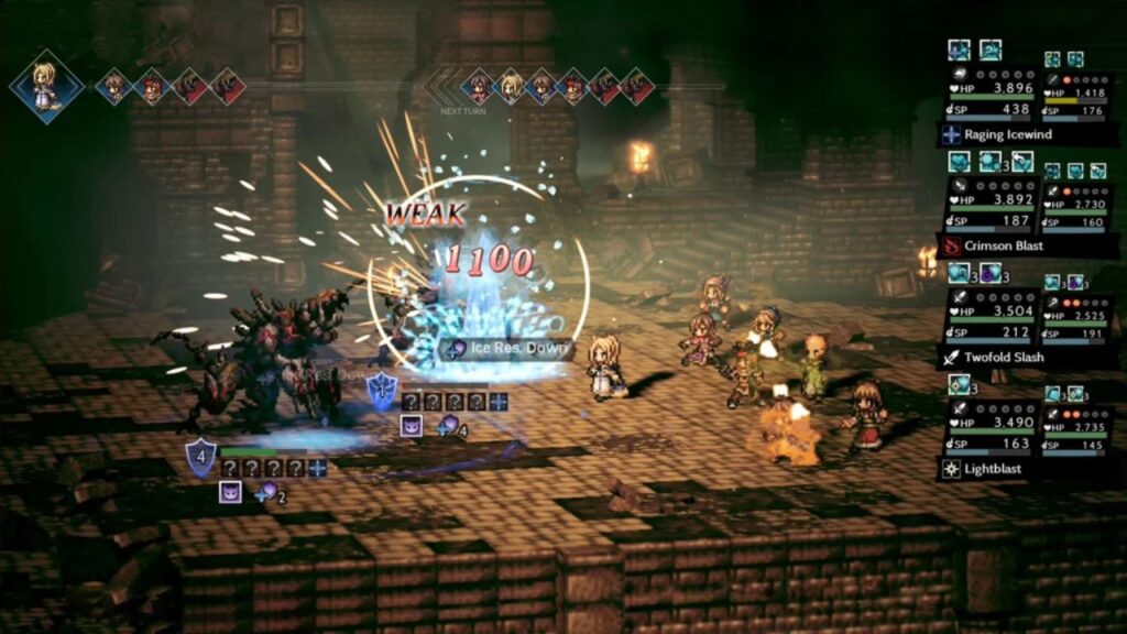 Feature image for our Octopath Traveler: COTC tier list. It shows a part battling a large, spiky monster on a dungeon field.