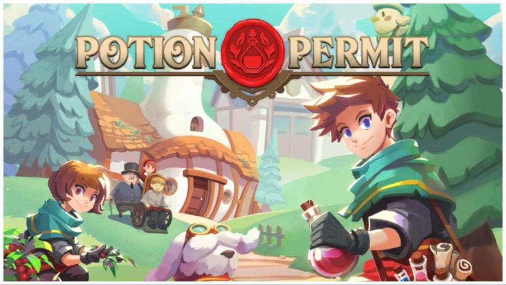 feature image for our Potion Permit segment shows two alchemists looking to the viewer in a village with three villagers in the background 